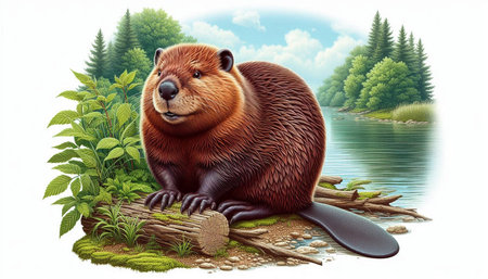 Cute beaver sitting on a log with a surfboard.