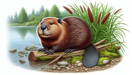 Cute beaver sitting on a log in the river. Vector illustration.