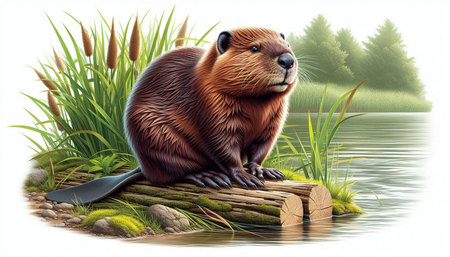 Cute beaver sitting on a log by the lake. illustration