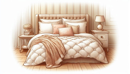Illustration of a classic bedroom with a double bed and pillows