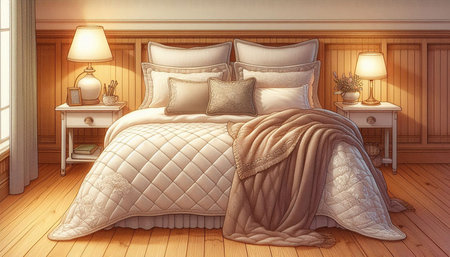 Bedroom interior. 3d illustration of bedroom with bed and lamp