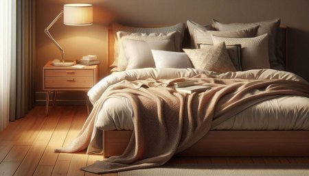Comfortable bed with soft blanket and lamp in room. Interior design