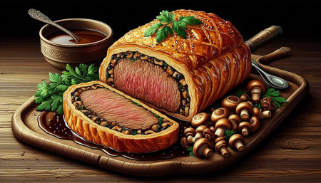 Meat pie with mushrooms and sauce on a wooden background. 3d rendering