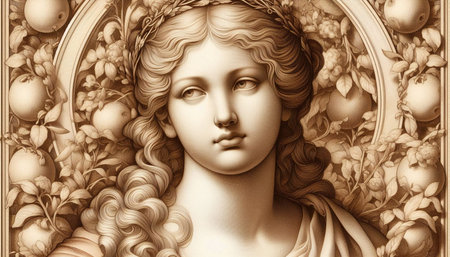 The face of the ancient Greek woman on the background of flowers.
