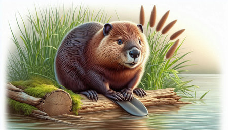 Cute beaver sitting on a log in the river. Vector illustration.
