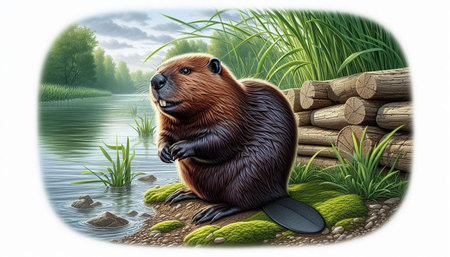 Cute beaver sitting on the shore of a lake in the forest