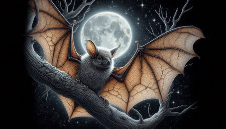 Halloween background with bats and full moon. 3D rendering.