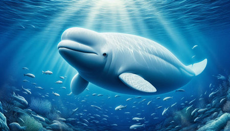 Whale swimming underwater in deep blue ocean. 3D Rendering