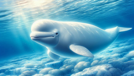Cute white whale in the ocean. 3D render. Underwater.