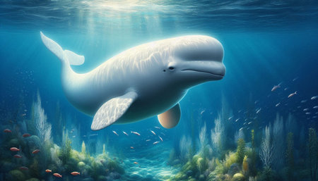 Whale swimming underwater in deep blue ocean. 3D illustration.