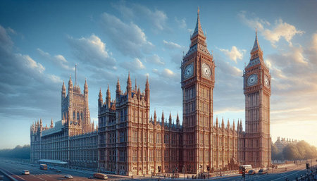Big Ben and Houses of Parliament in London, UK. Panoramic view.