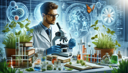 Scientist in laboratory working with microscope and test tubes. Mixed media