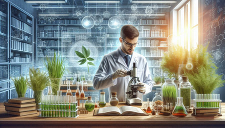 Scientist in laboratory working with microscope and test tubes. Mixed media