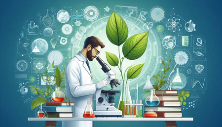 Scientist in lab coat and eyeglasses working with plant in laboratory
