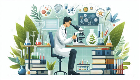 Scientist working in laboratory. Vector illustration in flat cartoon style.