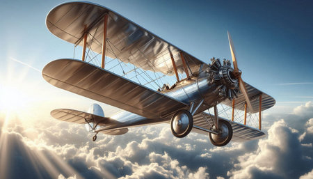 3D render of a biplane flying in the sky with clouds