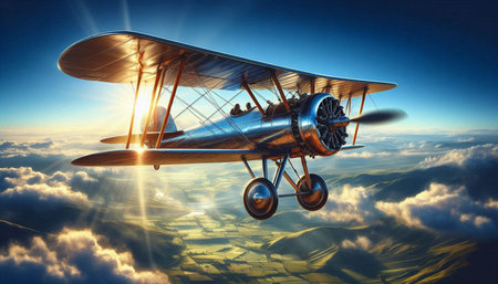 Old biplane flying in the clouds. 3d render illustration.