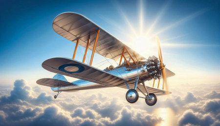 Old biplane flying high in the sky. 3D render.