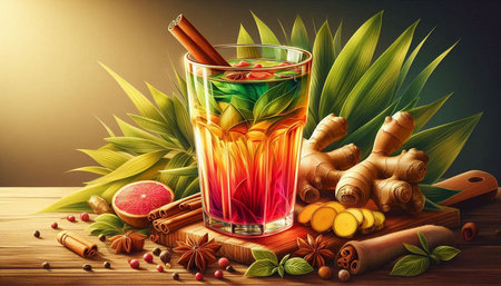 Mulled wine with ginger, lemon and spices on wooden table