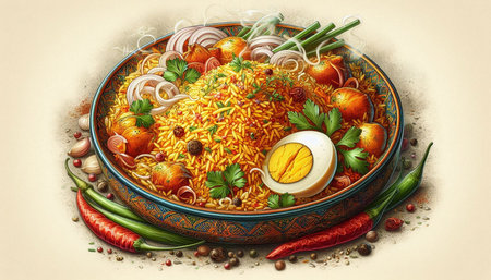 Pilaf in a bowl with vegetables and eggs on the table