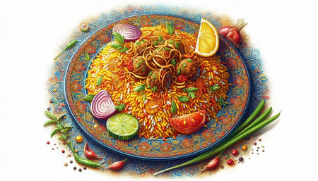 Rice with meatballs and vegetables on a plate. Illustration