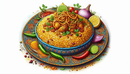 Illustration of a bowl of indian spicy chicken curry with rice and vegetables