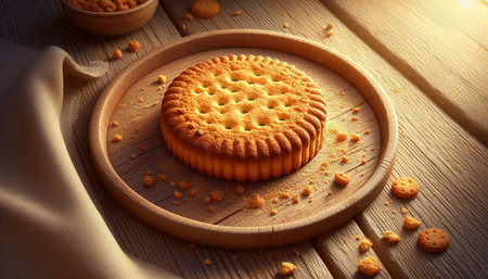 Cookies on a wooden plate on a wooden table in the sunlight