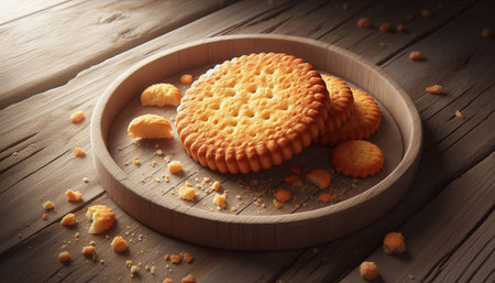 Crackers on a wooden plate, on a rustic wooden background