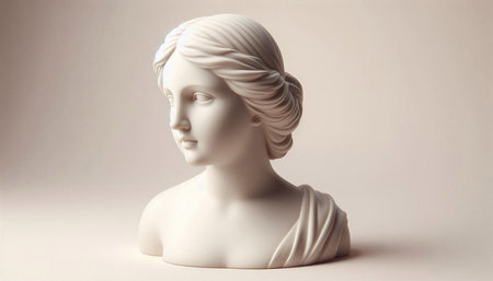 White marble statue of a young woman in profile. 3d rendering