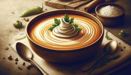 Pumpkin soup with cream in a wooden bowl on a stone background