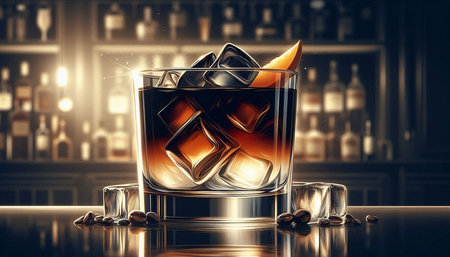 Whiskey with ice cubes and orange slice on black background.