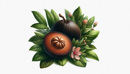 Illustration of fresh mangosteen with leaves and flowers on white background