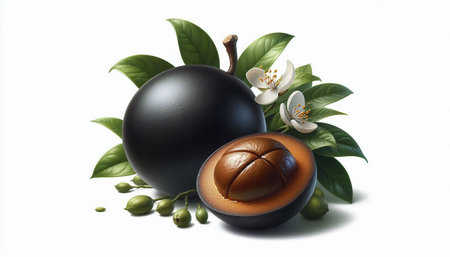 Seeds of a jasmine plant and a black sphere on a white background