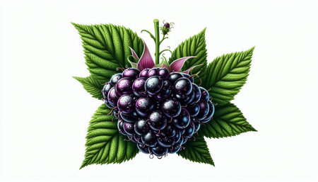 Ripe blackberries on a branch with green leaves isolated on white background