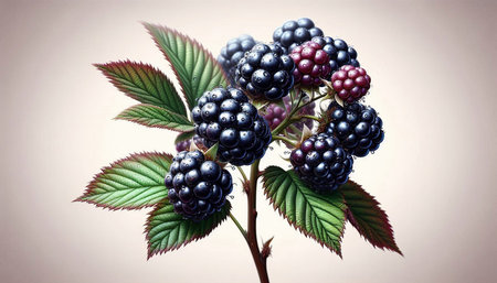 Blackberries on a branch with leaves on a beige background.