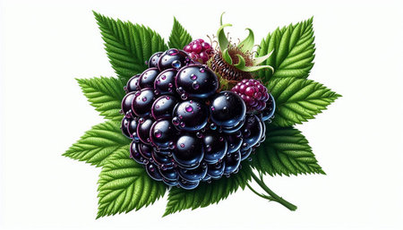 Blackberries with green leaves isolated on white background. 3d illustration