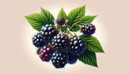 bunch of blackberries with leaves on a beige background.
