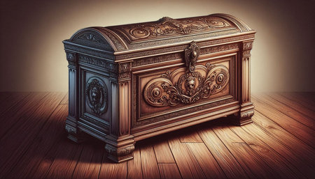 Antique treasure chest on a wooden floor. 3D illustration.