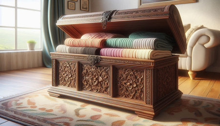 Wooden chest with clothes on the carpet in the living room.