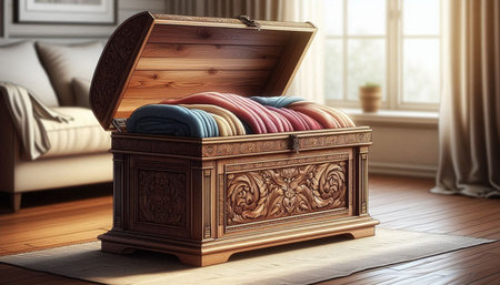 Opened wooden chest with colorful pillows. 3D rendering.