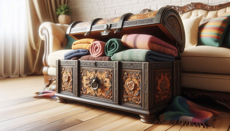 Wooden chest with colorful pillows and plaids on floor