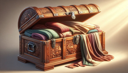 Wooden chest with a variety of fabrics. 3d illustration.