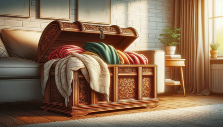 3d illustration of a wooden chest with a blanket in the room