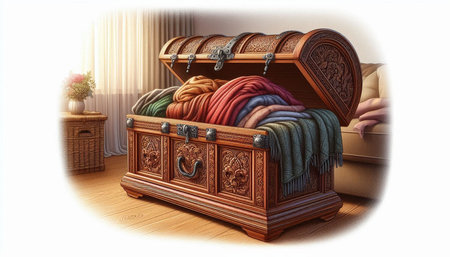 Illustration of a wooden chest full of woolen blankets and pillows