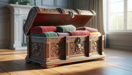 Open wooden chest with colored towels on the floor in the living room