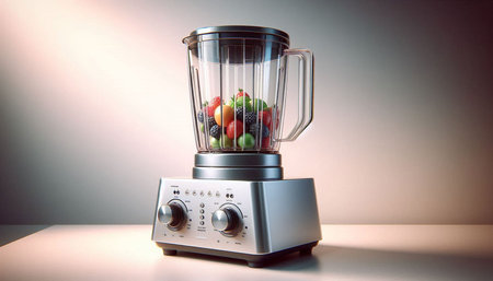 electric blender with fresh fruits and vegetables on a white background, close-up