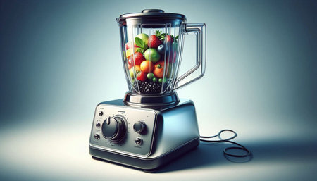 Blender with fresh fruits and vegetables in it on a gray background
