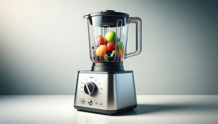 Modern electric blender with fruits and vegetables on a white table. 3d rendering
