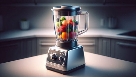 Blender with fresh fruits and vegetables in the kitchen. Mixed media