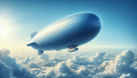 Airship flying high in the blue sky. 3d render.